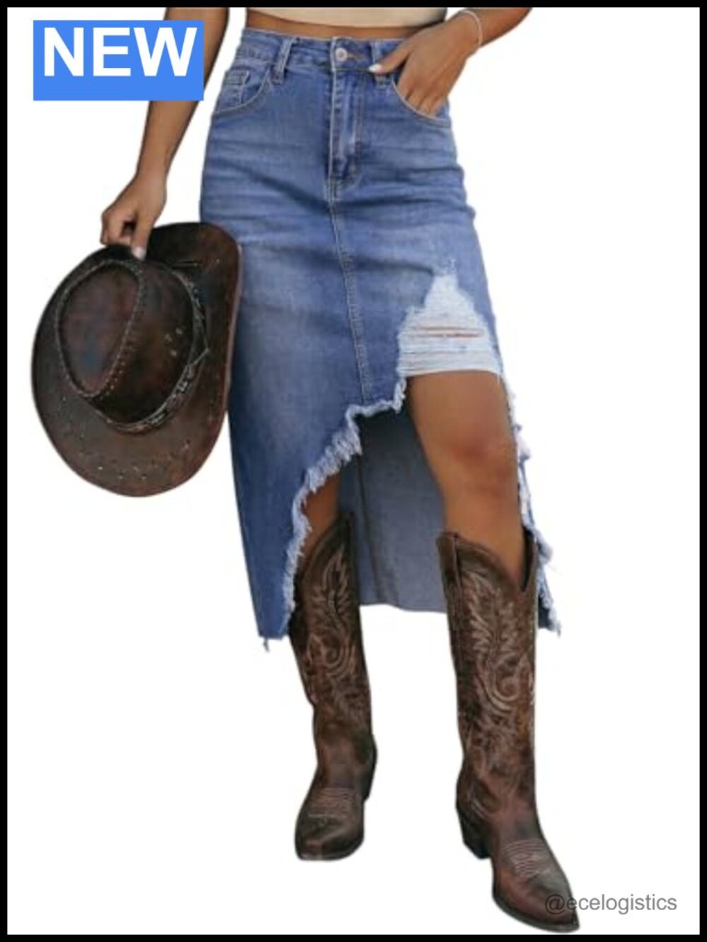 Distressed High Waisted Denim Midi Skirt Ripped Western Jean Skirt